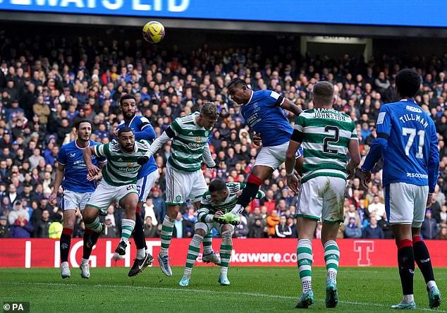 Alfredo Morelos heads over from a good position at a corner as Rangers looked to draw level