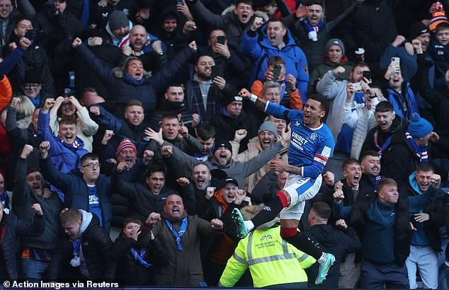 James Tavernier celebrates after thumping home the penalty to put Rangers 2-1 in front