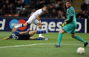 Bale scores against Milan at San Siro in the Champions League in October 2010.