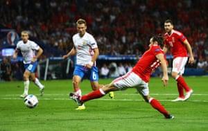 Bale helped Wales to qualify for Euro 2016, their first major finals since 1958. Here he scores the third goal in the 3-0 defeat of Russia in the tournament’s group stage.
