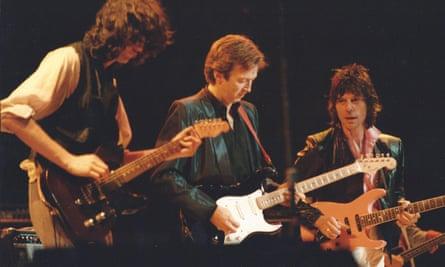 Jeff Beck, right, with Jimmy Page and Eric Clapton playing at Madison Square Garden, New York, in 1983.