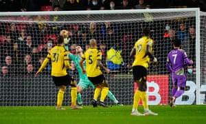 Daniel Bachmann of Watford makes a save to deny Son Heung-Min of Tottenham Hotspur.