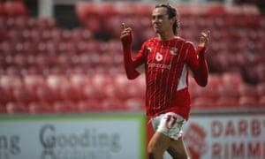 Harry McKirdy celebrates after scoring his fourth and Swindon Town’s fifth.