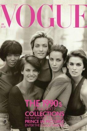 Tatjana Patitz (centre) photographed by Peter Lindbergh alongside Naomi Campbell, Linda Evangelista, Christy Turlington and Cindy Crawford for the January 1990 issue of British ‘Vogue’.