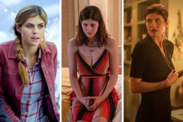Alexandra Daddario in, from left, Percy Jackson: Sea of Monsters, The White Lotus and Mayfair Witches. 